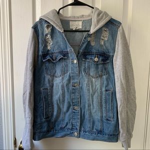Sky & Sparrow Brand Ripped Jean Jacket W/ Gray Hood & Sleeves Size XL